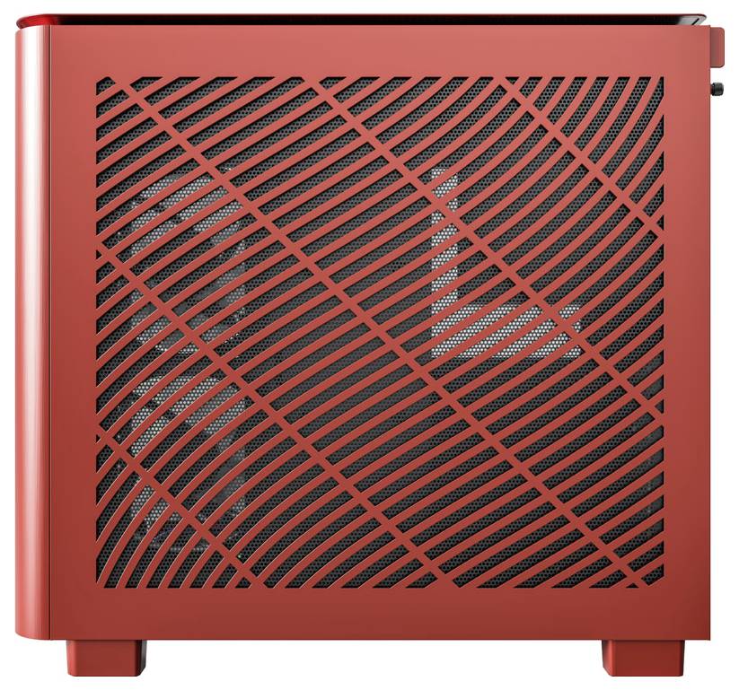 Un boîtier d'ordinateur rouge avec des fentes d'aération diagonales sur le côté, qui laissent partiellement voir les composants internes.