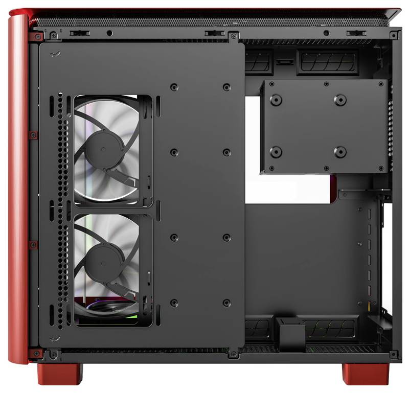 Boîtier PC en rouge et noir avec un panneau latéral ouvert, montrant deux ventilateurs à l'avant. Adapté pour les constructions gaming ou haute performance.