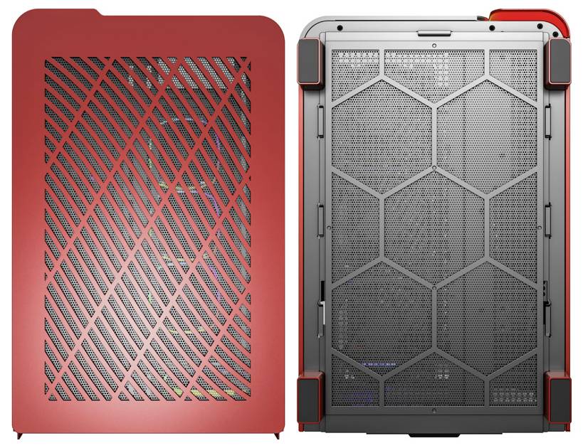 Deux boîtiers d'ordinateur avec un design en grille : à gauche en rouge avec des lignes diagonales, à droite en gris avec un motif en nid d'abeille. Les deux sont bien ventilés.