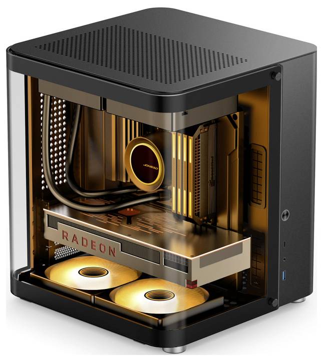 Un ordinateur moderne et transparent avec des composants rétroéclairés, dont une carte graphique 'RADEON', dans un boîtier noir compact.