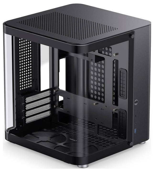 Boîtier d'ordinateur noir avec des panneaux latéraux transparents. À l'intérieur, des supports de ventilateurs et plusieurs emplacements d'extension sont visibles. Adapté pour la construction de PC.