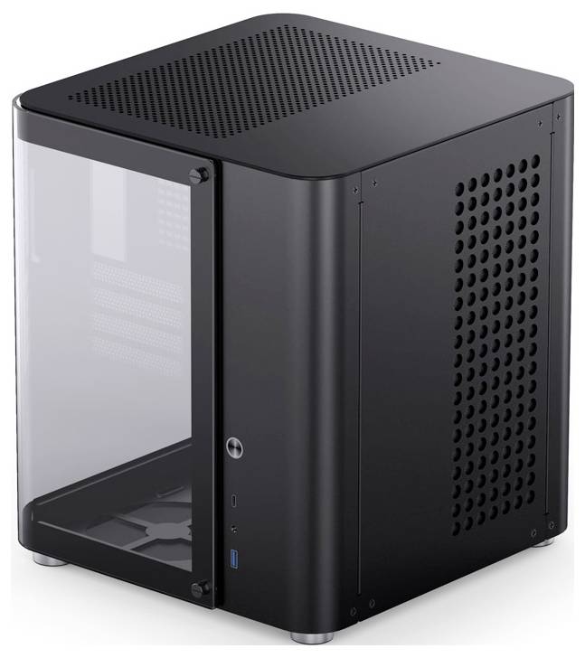 Boîtier d'ordinateur noir, cubique, avec un panneau latéral transparent et des évents sur les surfaces supérieure et latérale.