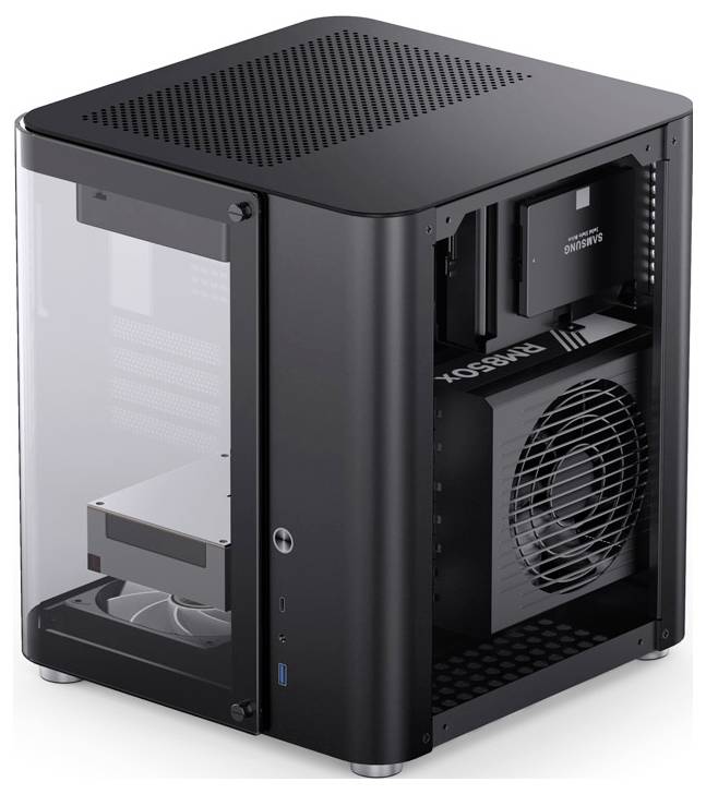 Un boîtier d'ordinateur noir et transparent avec des composants visibles, notamment une carte graphique, une alimentation et un ventilateur.