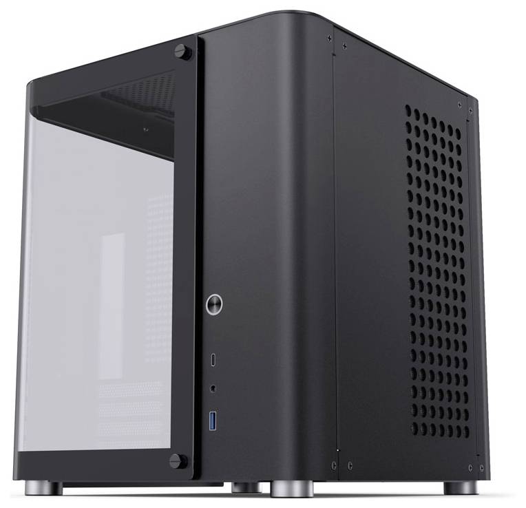 Boîtier d'ordinateur noir avec panneau latéral transparent et ouvertures de ventilation, pieds en argent, design moderne et épuré.