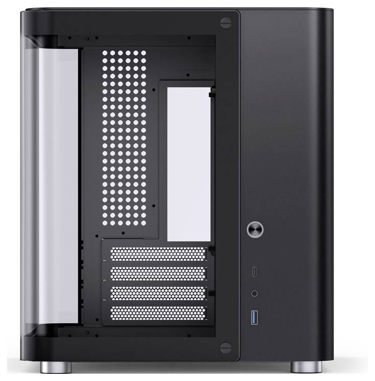 Boîtier PC noir et vide avec une plaque de verre sur le côté, offrant de l'espace pour plusieurs cartes d'extension et des ports à l'avant.