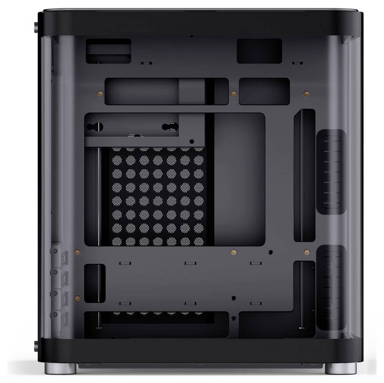 Boîtier d'ordinateur en métal laqué noir et en verre avec plusieurs ouvertures pour la ventilation et les câbles. Le panneau latéral transparent permet une vue d'ensemble.