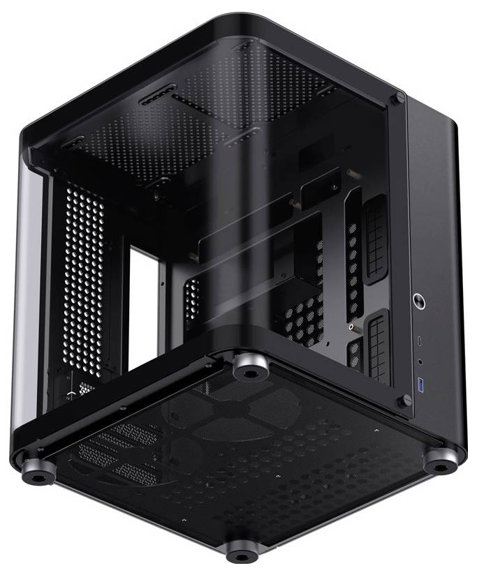 Un boîtier d'ordinateur noir carré avec des fentes de ventilation et des ports visibles sur la façade, posé de manière autonome.