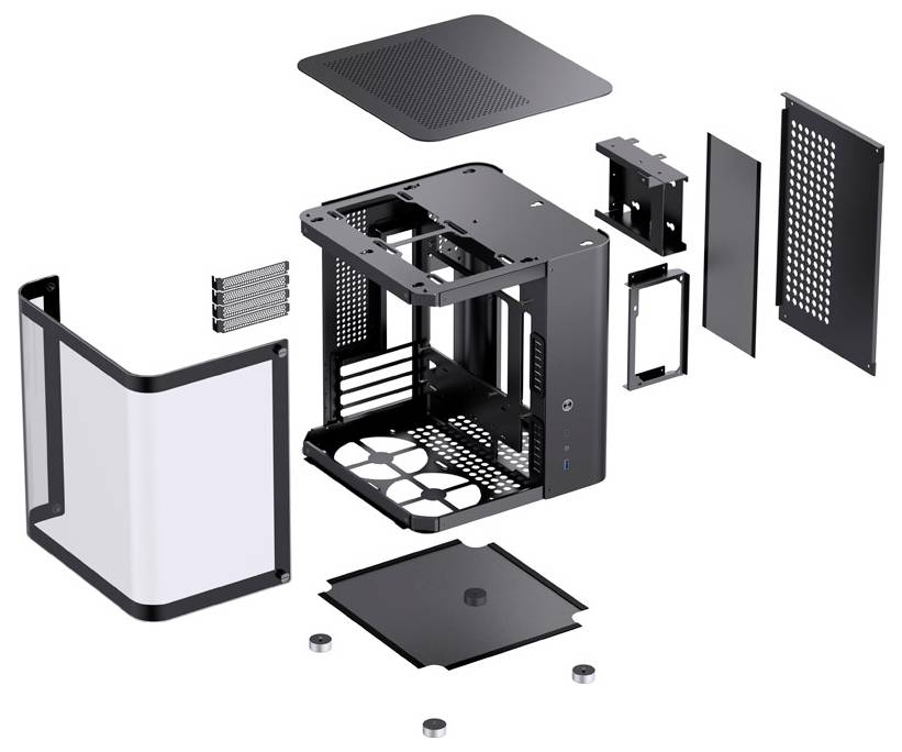 Représentation éclatée d'un boîtier d'ordinateur avec des panneaux amovibles et des structures internes, illustrant sa construction et ses composants.
