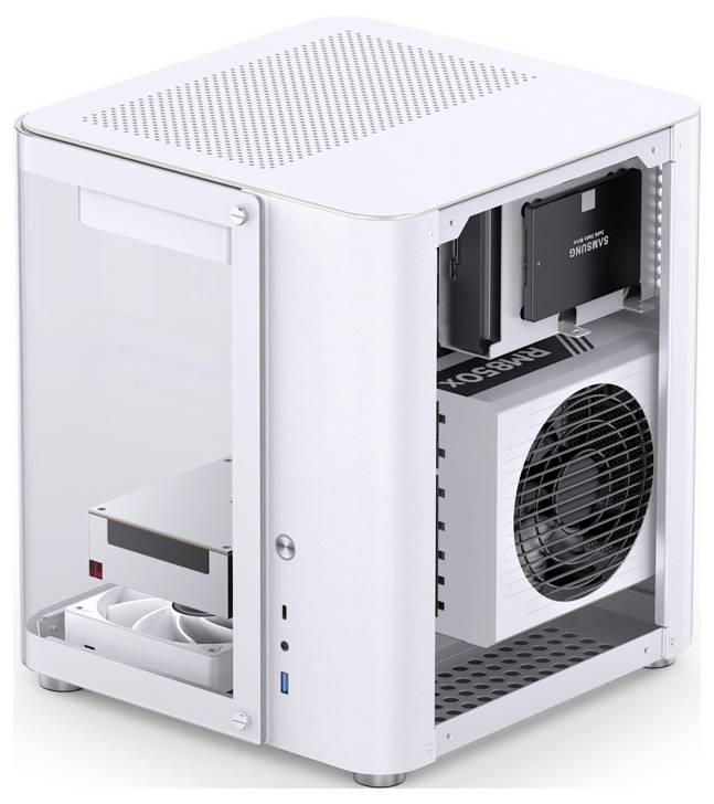Un boîtier d'ordinateur blanc et ouvert avec des composants visibles tels que des ventilateurs, une alimentation, des supports de disque dur et un grand ventilateur.