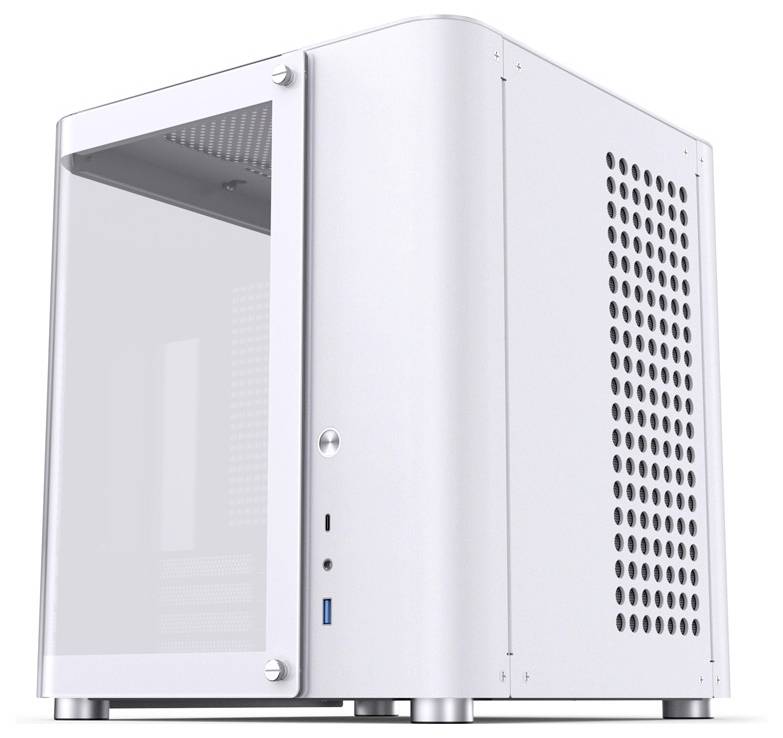 Un boîtier Mini-PC blanc avec une fenêtre en verre et des fentes de ventilation, adapté pour des configurations d'ordinateurs compacts.