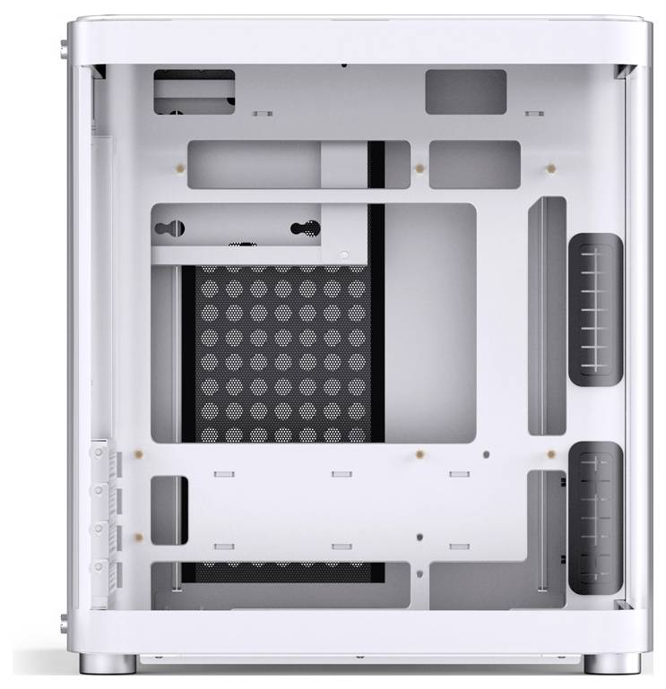 Boîtier d'ordinateur blanc, visible de côté. Plusieurs ouvertures et points de fixation pour les composants, grilles de ventilation à l'arrière.