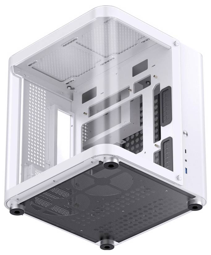 Un boîtier PC blanc de forme cubique avec des panneaux latéraux transparents offrant une vue sur sa structure interne sans composants installés.