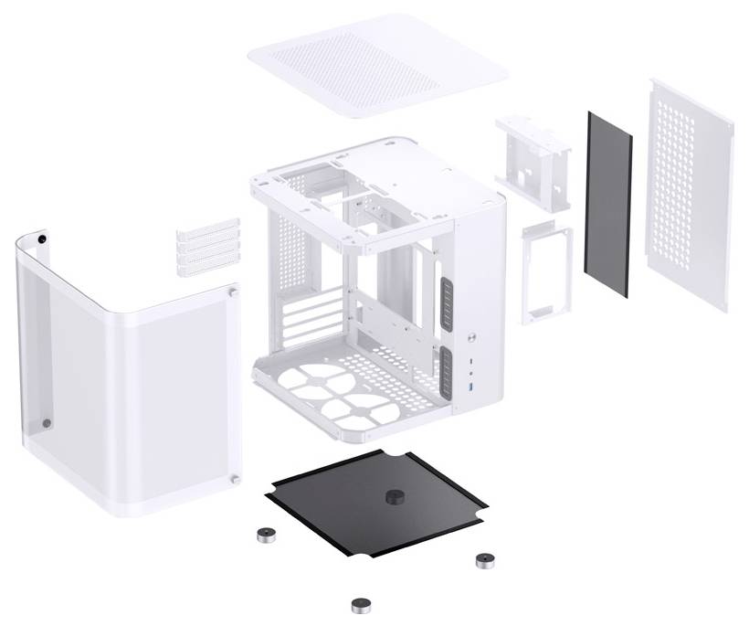 Vue éclatée d'un boîtier d'ordinateur présentant ses composants en blanc, comprenant le panneau latéral, le panneau avant et les grilles de ventilation.