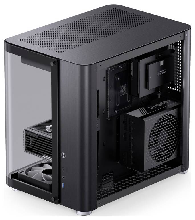 Un boîtier d'ordinateur noir et moderne avec un panneau latéral transparent révèle à l'intérieur une carte mère, des ventilateurs et une alimentation.