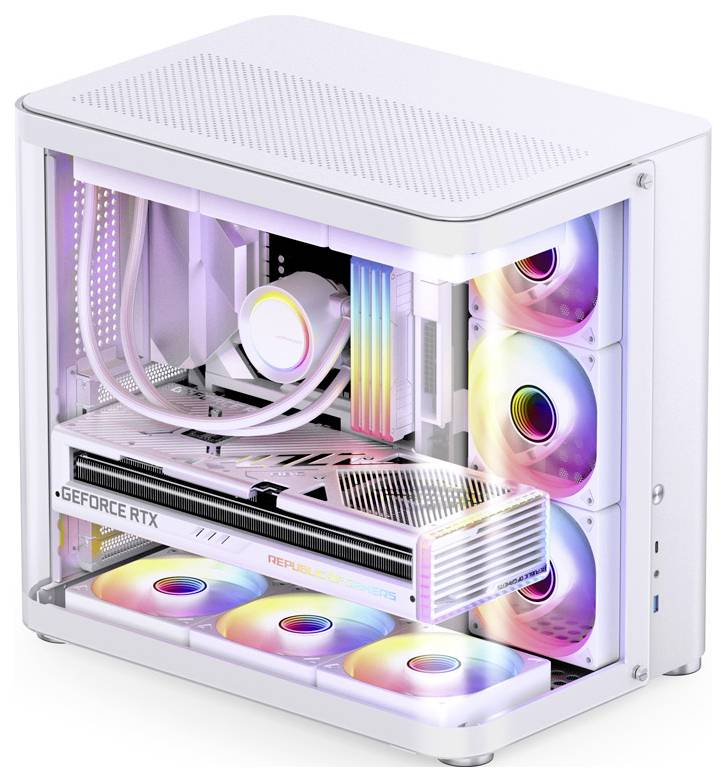 Tour d'ordinateur blanche avec panneau latéral transparent. Ventilateurs rétroéclairés RGB visibles et carte graphique 'GeForce RTX'.