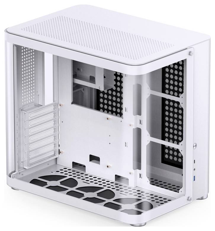 Un boîtier d'ordinateur blanc et vide, doté de plusieurs fentes de ventilation, d'ouvertures sur les côtés et l'arrière pour l'aération et de baies d'extension.