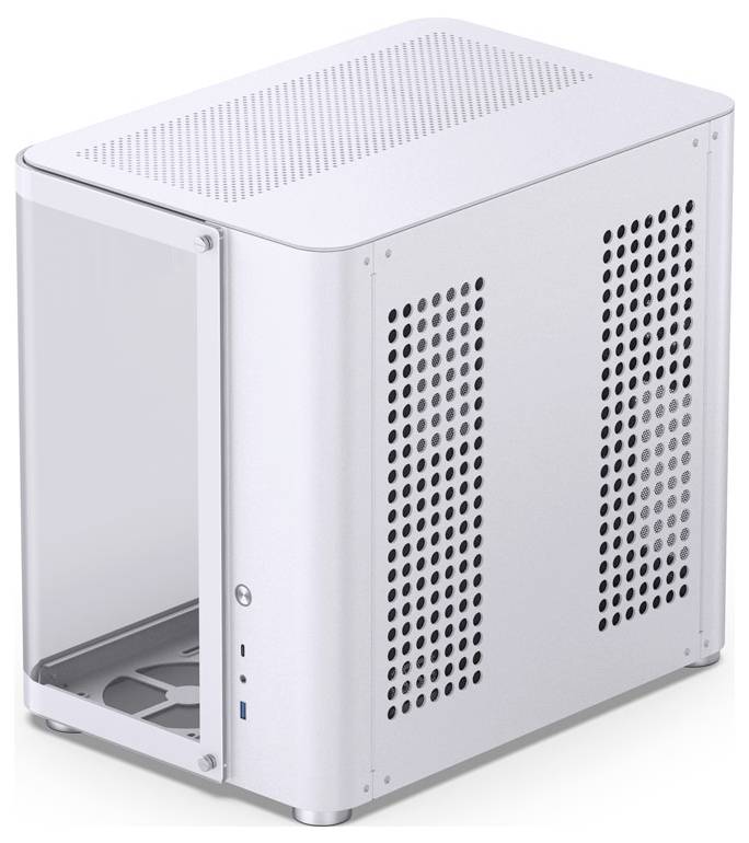 Un boîtier PC compact blanc en tour, avec des ouvertures de ventilation sur les côtés et le dessus, adapté aux cartes mères Mini-ITX, est dressé verticalement.