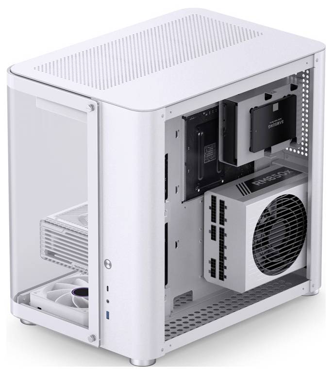 Un boîtier d'ordinateur blanc ouvert avec des composants internes visibles tels que l'alimentation, les ventilateurs et les emplacements de stockage, adapté au montage de PC.
