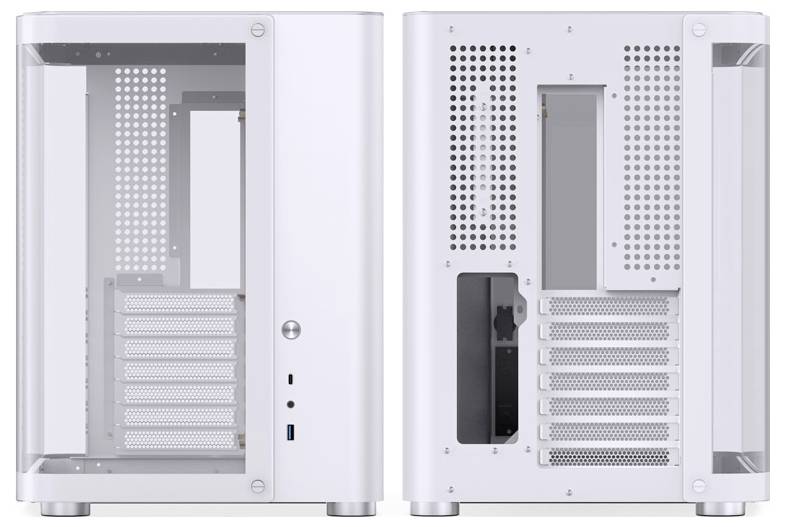 Deux boîtiers d'ordinateur blancs avec des parois latérales transparentes. L'un montre le devant avec un bouton d'alimentation rond, l'autre l'arrière avec des fentes de ventilation et des emplacements d'extension.
