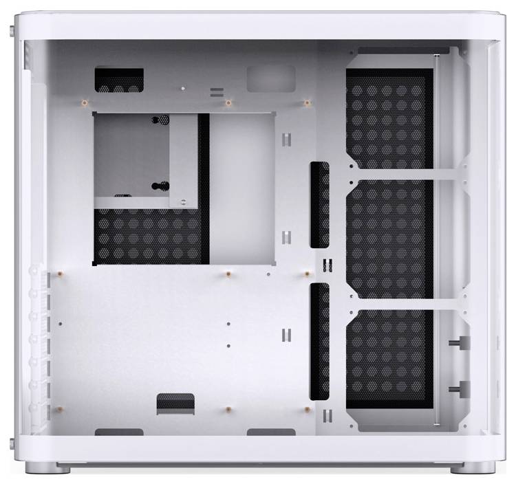 Boîtier d'ordinateur blanc avec panneau latéral ouvert, montrant l'espace et les points de fixation pour la carte mère et d'autres composants.