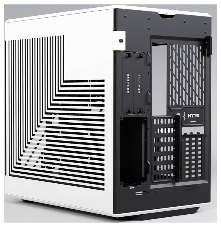 Boîtier PC 'Hyte Y60', ouvert verticalement avec un design géométrique noir et blanc, montrant des fentes et des emplacements.