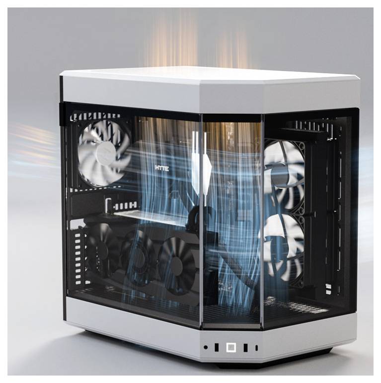 Un boîtier d'ordinateur blanc avec des côtés transparents et des ventilateurs de refroidissement visibles montre le flux d'air pour refroidir les composants.