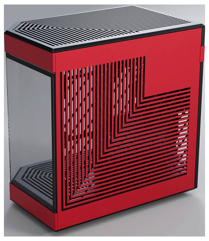 Boîtier d'ordinateur rouge avec des fentes de ventilation géométriques noires. Forme rectangulaire avec des parois latérales transparentes.