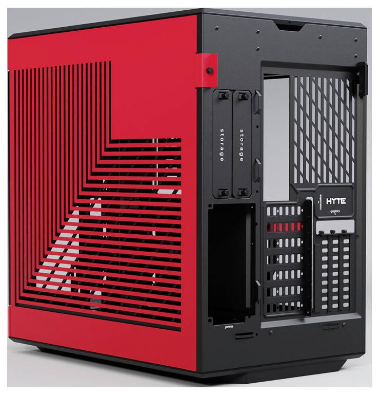 Un boîtier d'ordinateur noir et rouge avec un design ouvert et des fentes de ventilation verticales, adapté aux PC de gaming.