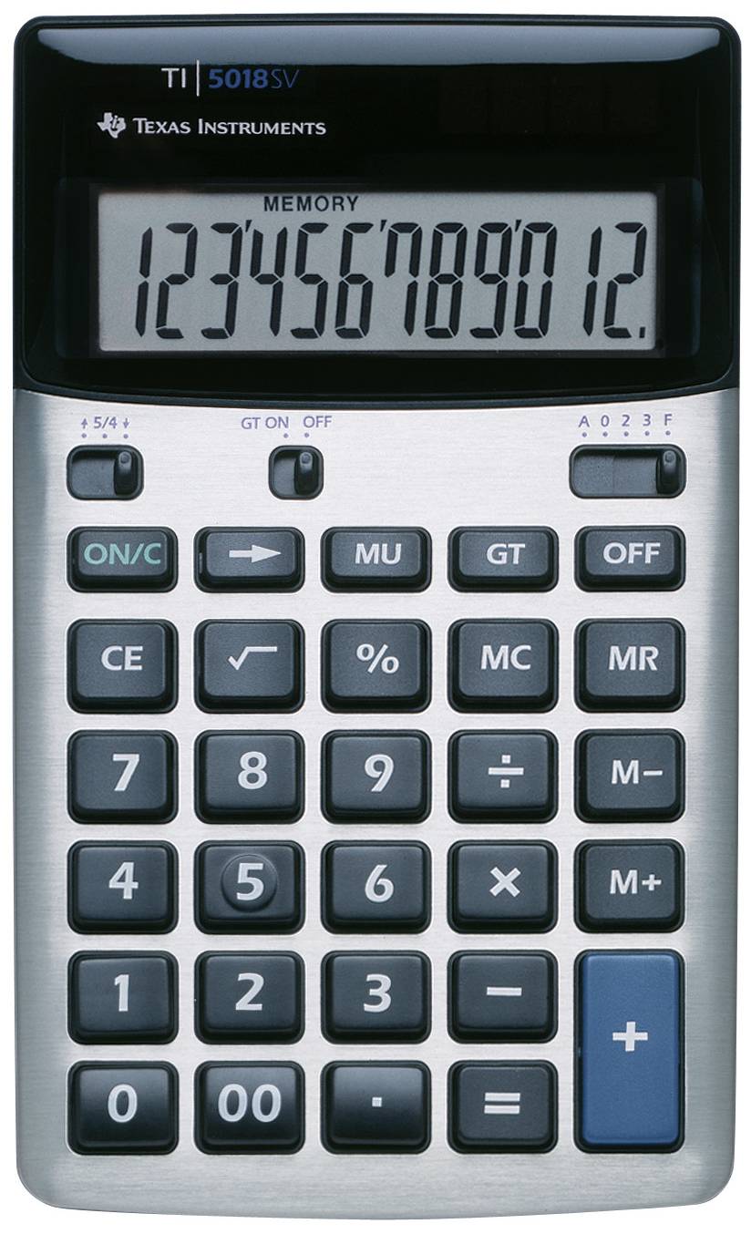 Calculatrice avec grandes touches et affichage montrant '1234567890 12.'. Zone supérieure portant la marque 'Texas Instruments'. Comprend les opérations arithmétiques de base.