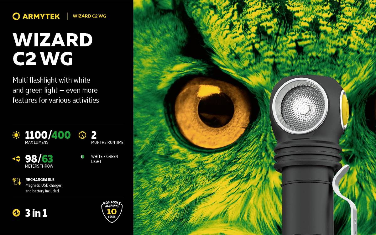 Lampe frontale LED ArmyTek Wizard C2 WG White à batterie 1100 lm 13 h F09201C