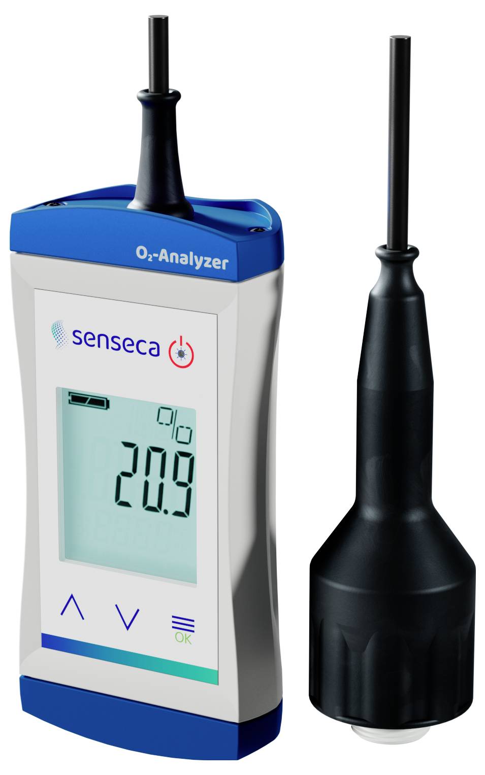 Analyseur portable d'oxygène avec affichage numérique indiquant « 20,9 », sonde attachée pour mesurer la concentration d'oxygène dans divers environnements.