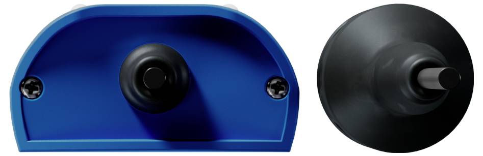 Deux vues d'un appareil portable bleu avec un bouton noir, présentées du dessus et de côté.