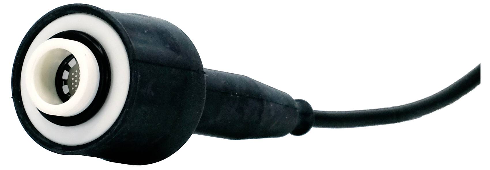 Un capteur filaire noir et blanc, probablement destiné à un appareil ou à un équipement, de forme cylindrique avec un objectif ou une ouverture visible à l'avant.