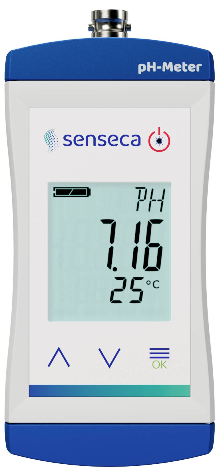 Un pH-mètre portable affichant une lecture de pH de 7,16 et une température de 25 °C, avec un logo et des boutons pour ajuster les paramètres.