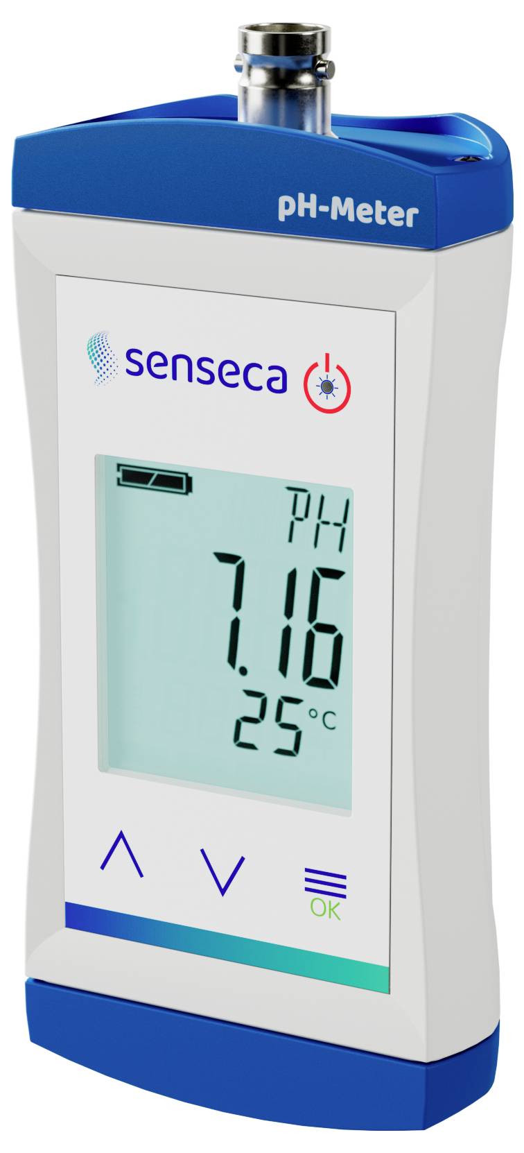 Un pH-mètre numérique affichant 'pH 7,16' et '25 °C' sur son écran, avec le nom de marque 'senseca' en haut de l'appareil.