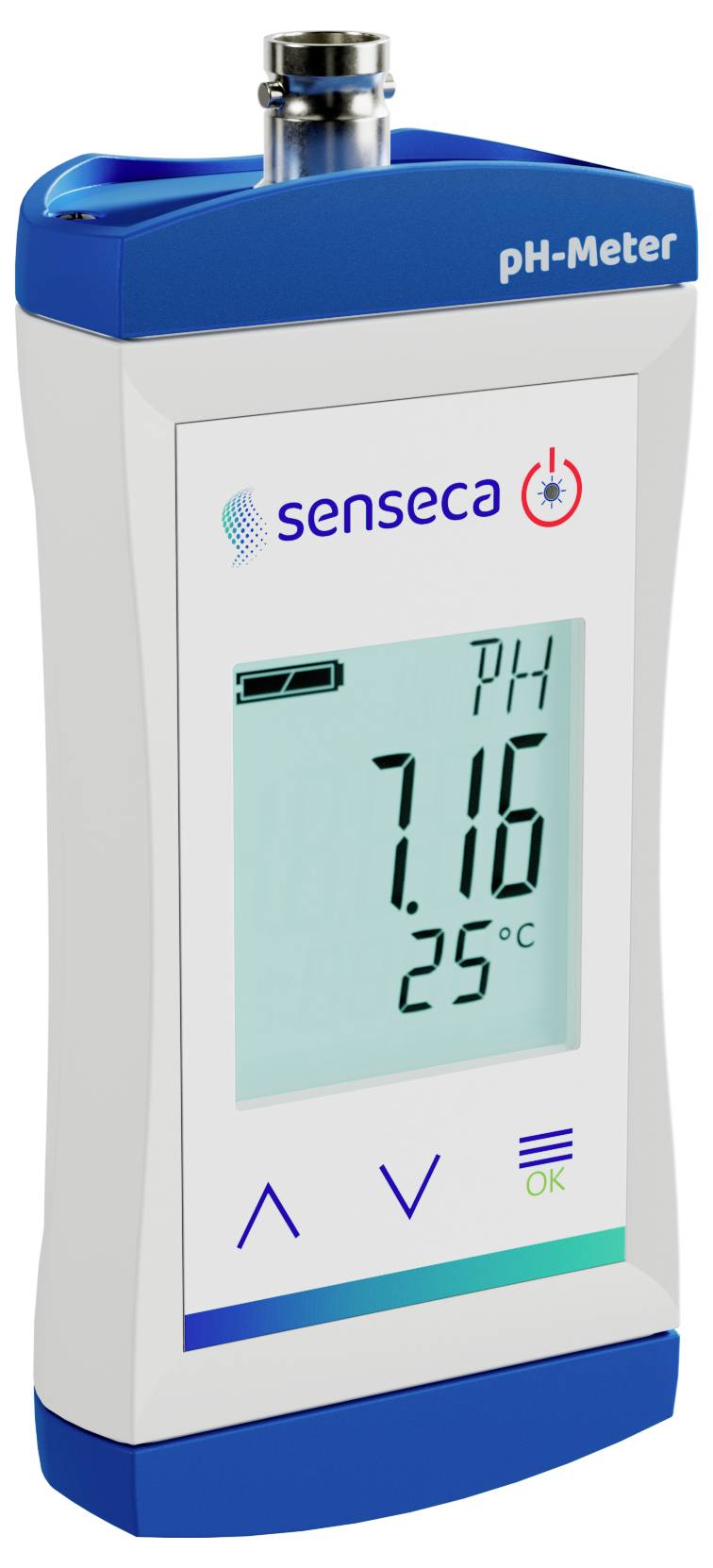PH-mètre numérique portable affichant une lecture de pH de 7,16 et une température de 25 °C sur son écran.