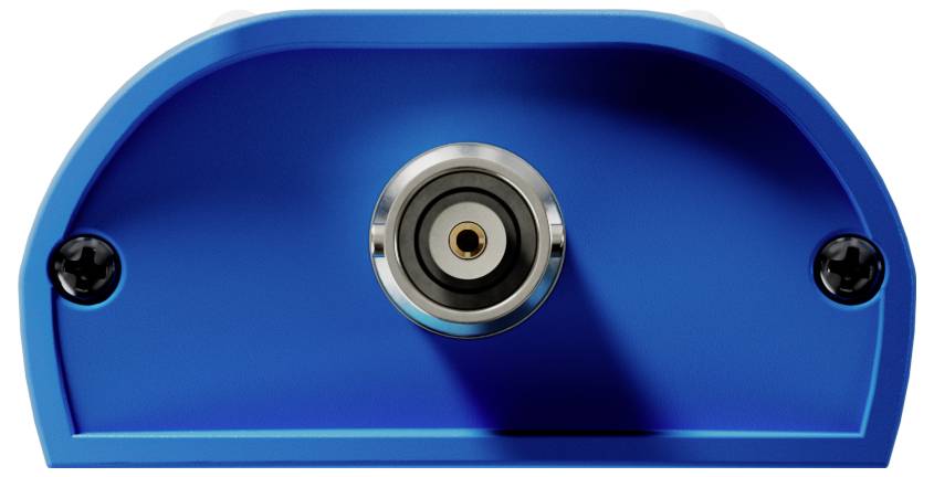 Un appareil capteur bleu avec un objectif circulaire central orienté vers l'avant, flanqué de deux têtes de boulons, suggérant une application industrielle ou technique.
