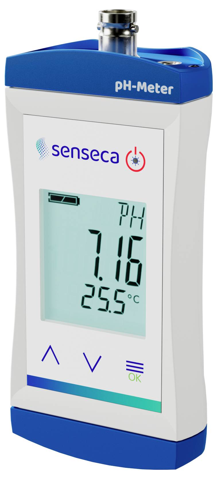 Un pH-mètre portable affiche 'pH 7,16' et '25,5 °C', avec des boutons de fonctionnement, et la marque 'senseca' en haut.