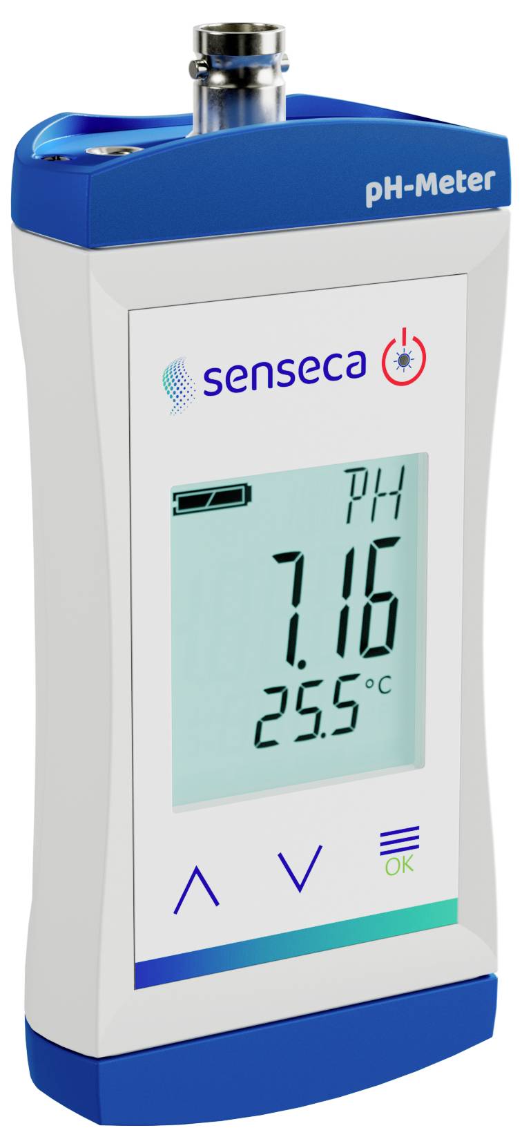 Un pH-mètre numérique affichant 'PH 7,16' et '25,5 °C' avec des boutons en dessous de l'écran, étiqueté par 'senseca'.