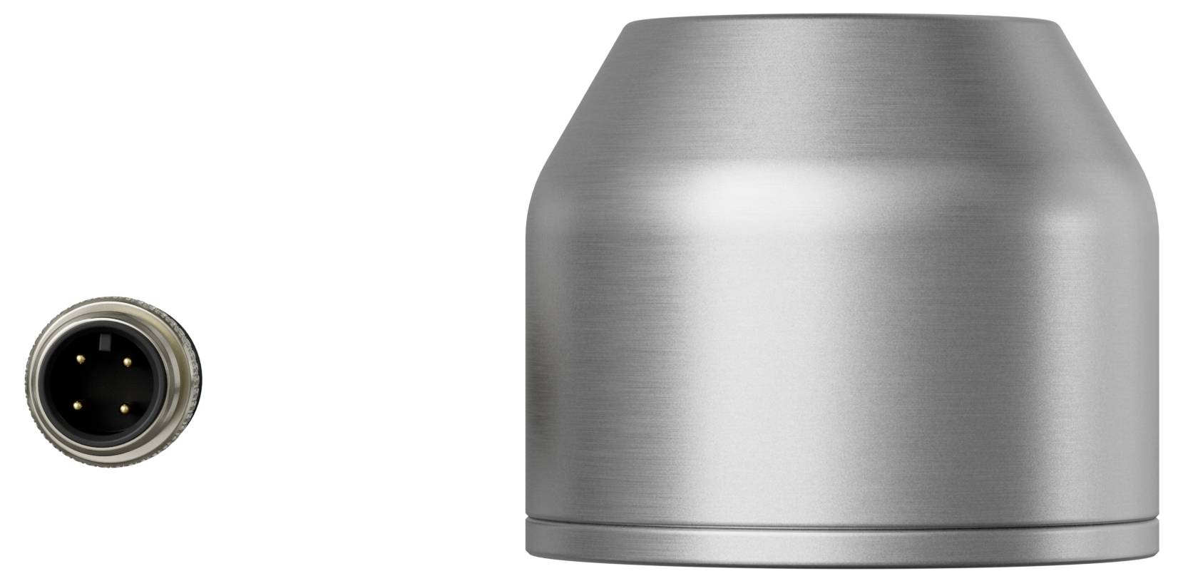 Un boîtier cylindrique en métal argenté à droite et un connecteur électrique rond plus petit à gauche montrent un composant technique.