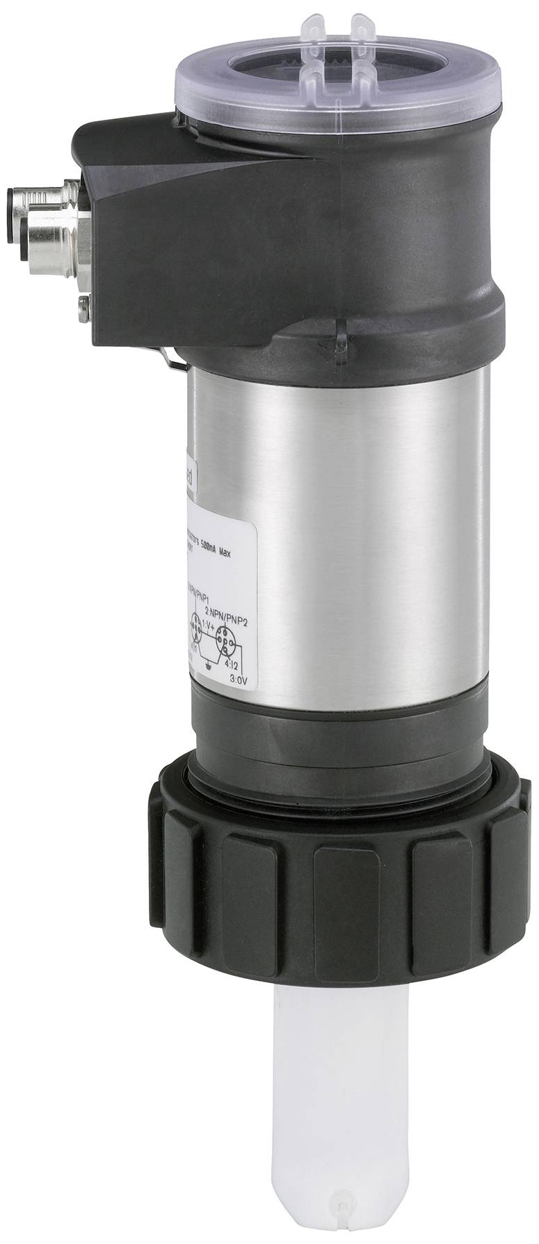 Capteur industriel avec boîtier en acier inoxydable et composants en plastique, adapté à la mesure des paramètres de liquides dans des applications techniques.