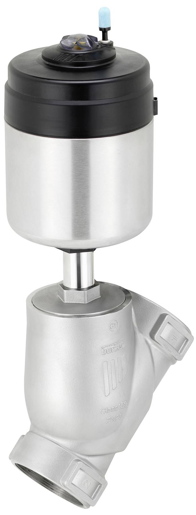 Vanne actionnée pneumatiquement avec boîtier en acier inoxydable et tête de commande noire, couramment utilisée dans les systèmes de liquides industriels.