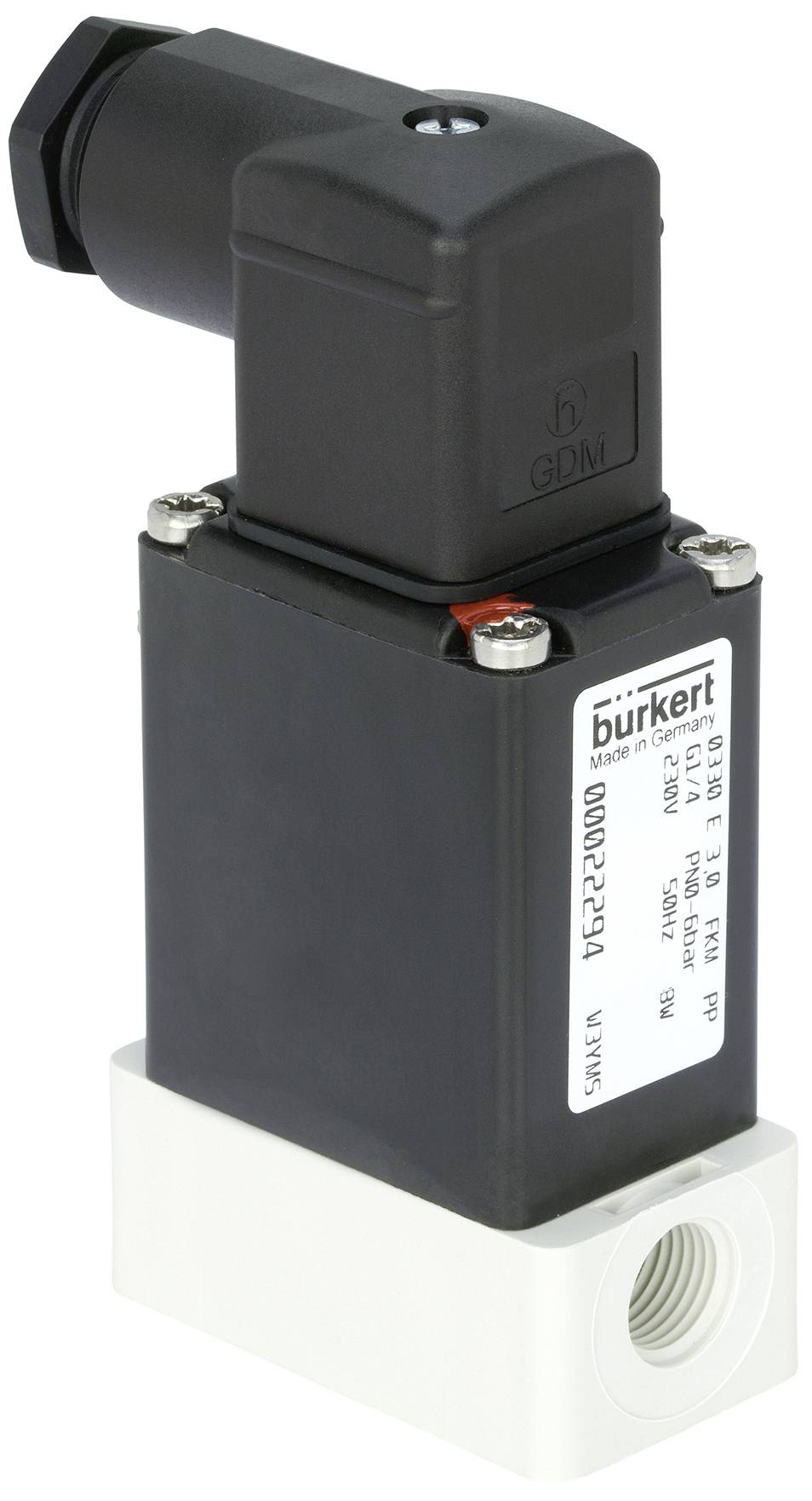 Une électrovanne avec un boîtier noir et un raccord blanc. Le logo du fabricant et les spécifications techniques sont indiqués sur le boîtier.