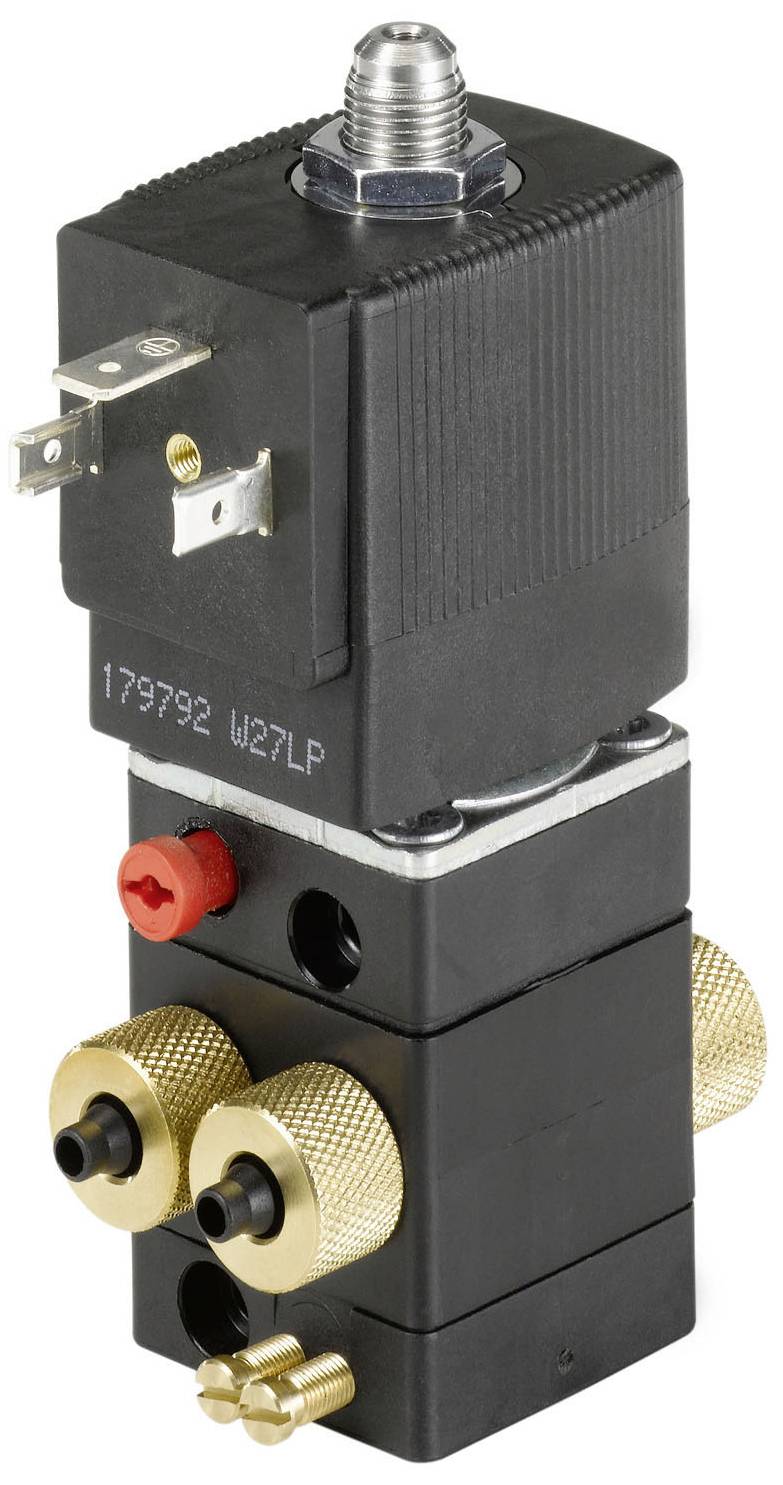 Une vanne noire et dorée avec des connexions électriques et des filetages, utilisée pour des systèmes hydrauliques ou pneumatiques.