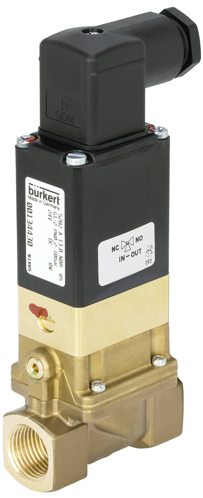 Vanne électromagnétique en laiton et plastique de Bürkert, utilisée pour contrôler le flux d'eau dans des applications industrielles.