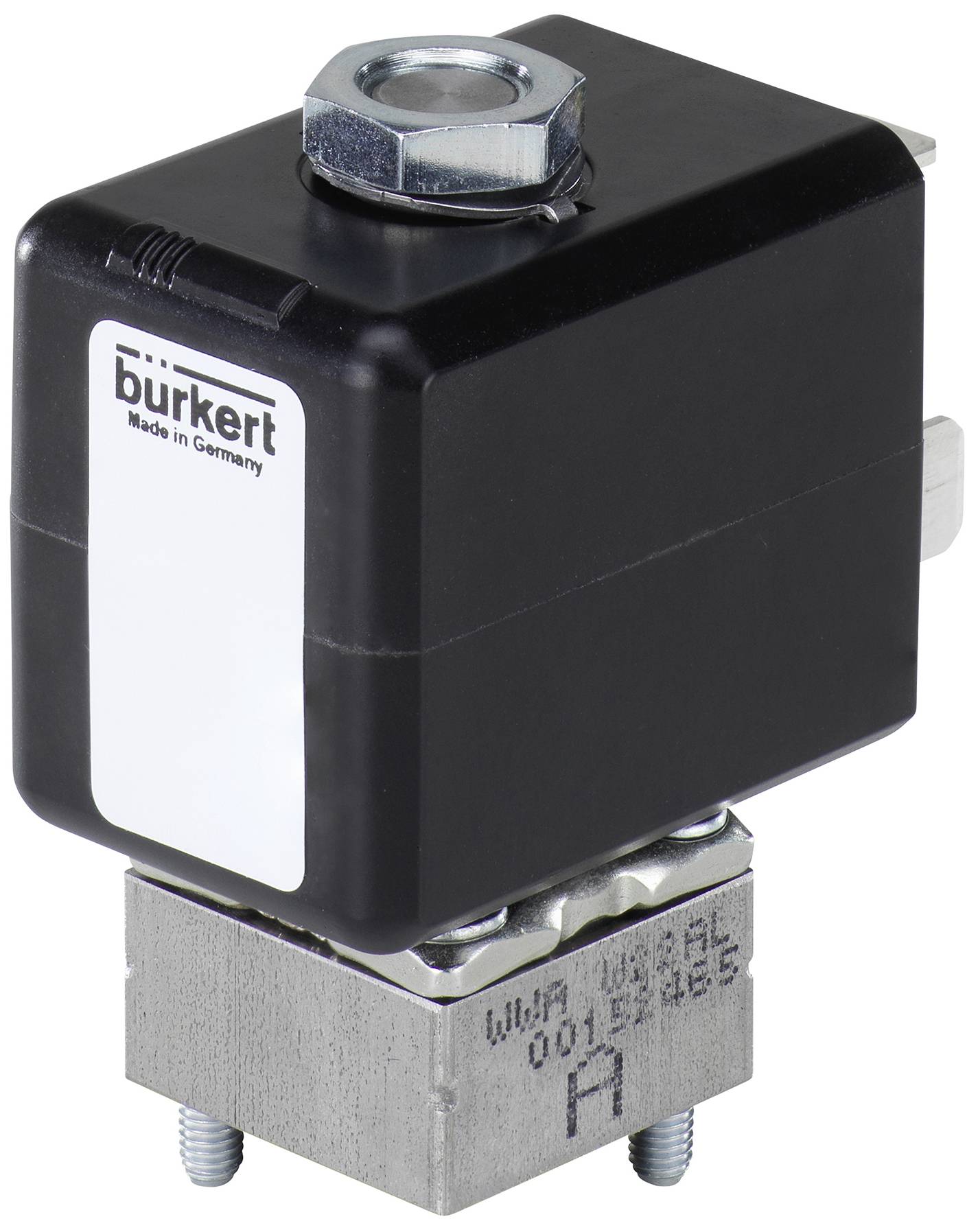 Une électrovanne noire rectangulaire avec l'inscription 'burkert Made in Germany' sur la face avant.