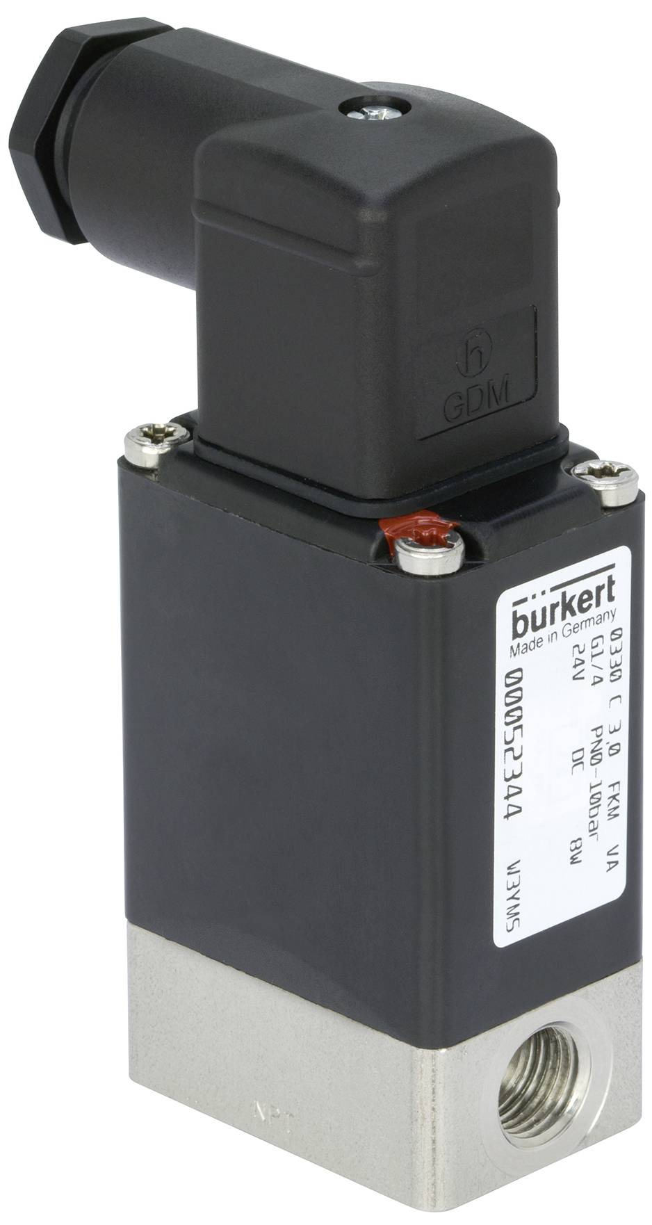 Une vanne électromagnétique noire avec un boîtier rectangulaire et une fiche raccordée. Sur le boîtier est inscrite la marque 'Burkert'.