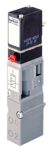 Électrovanne Bürkert, modèle 642219, pour commande pneumatique. Affiche le schéma de raccordement sur la face avant.