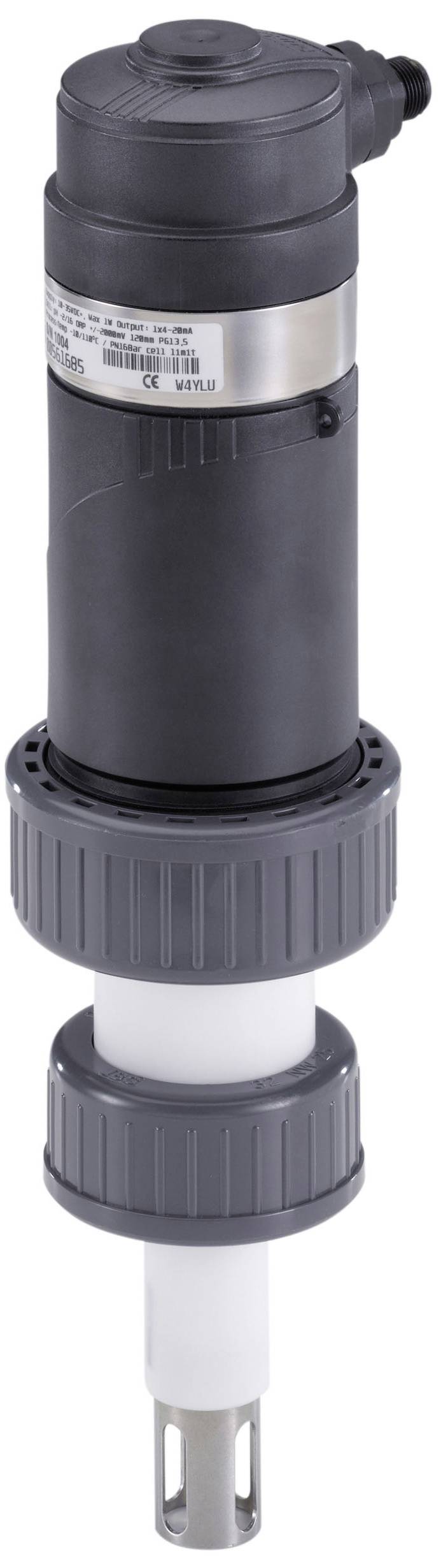 Capteur de mesure de paramètres physiques dans les liquides, de forme cylindrique, avec deux éléments de connexion gris et une pointe métallique à son extrémité.