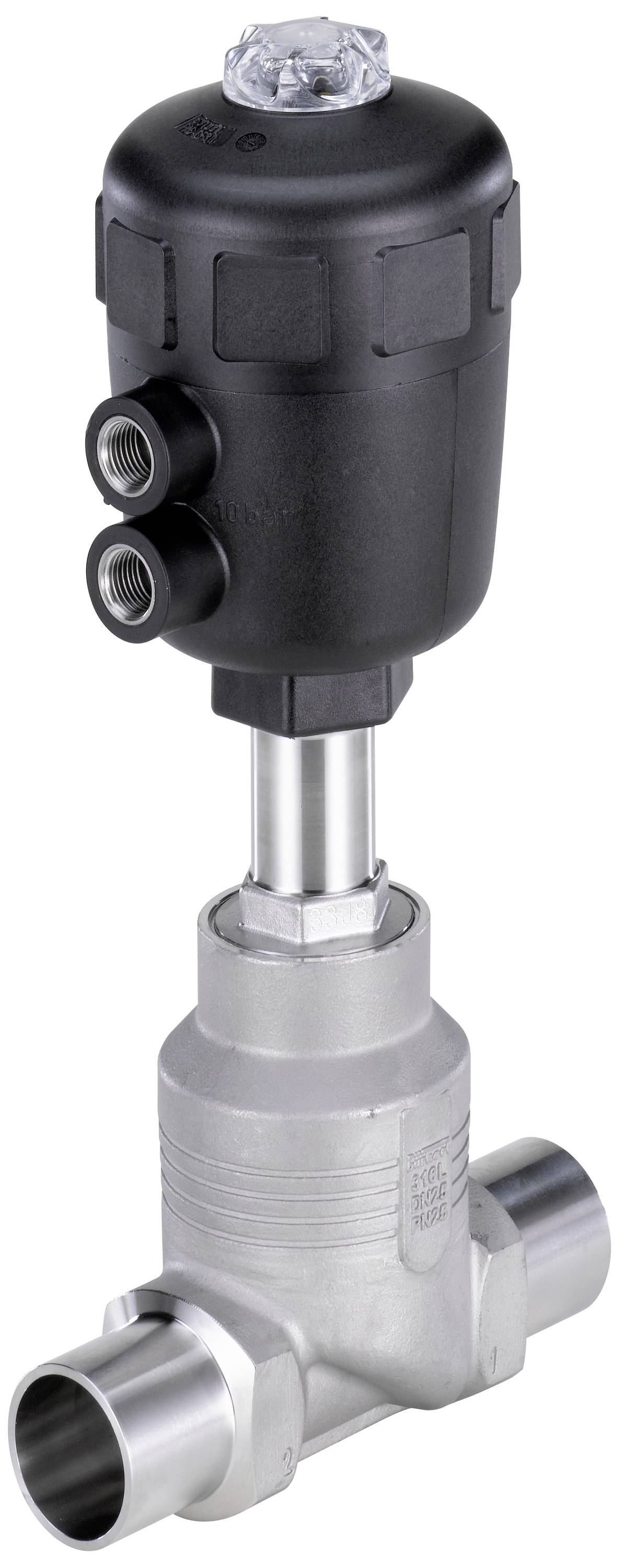 Vanne industrielle en argent avec une tête de commande supérieure noire et deux raccordements latéraux. Utilisée dans les systèmes de canalisations.